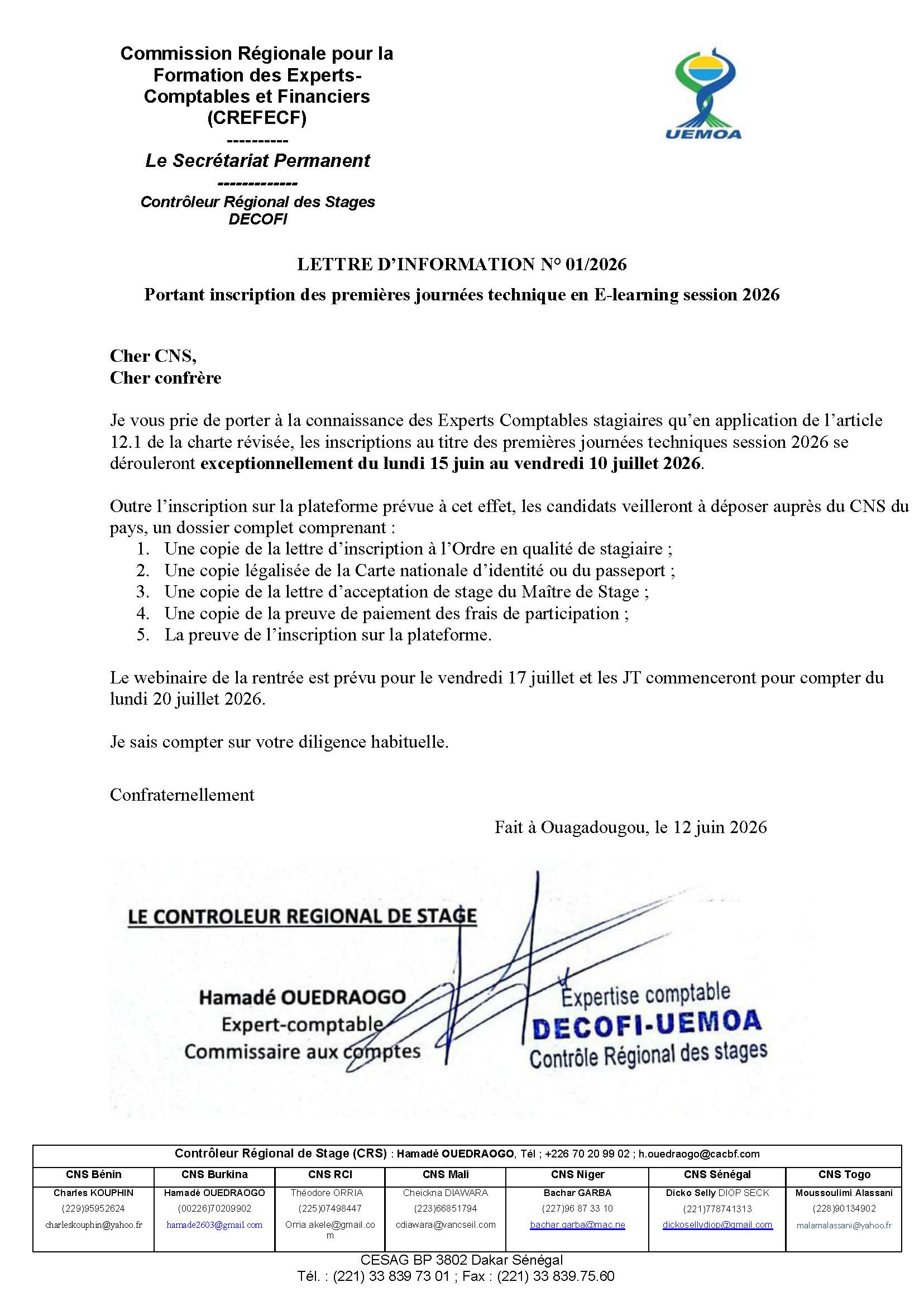 Lettre d'information N°1-2026 portant inscriptions des E-JT session 2026